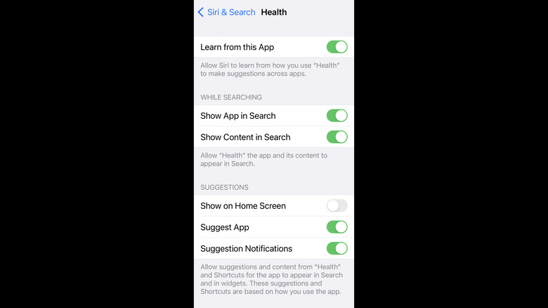 Toggling off Show on Home Screen