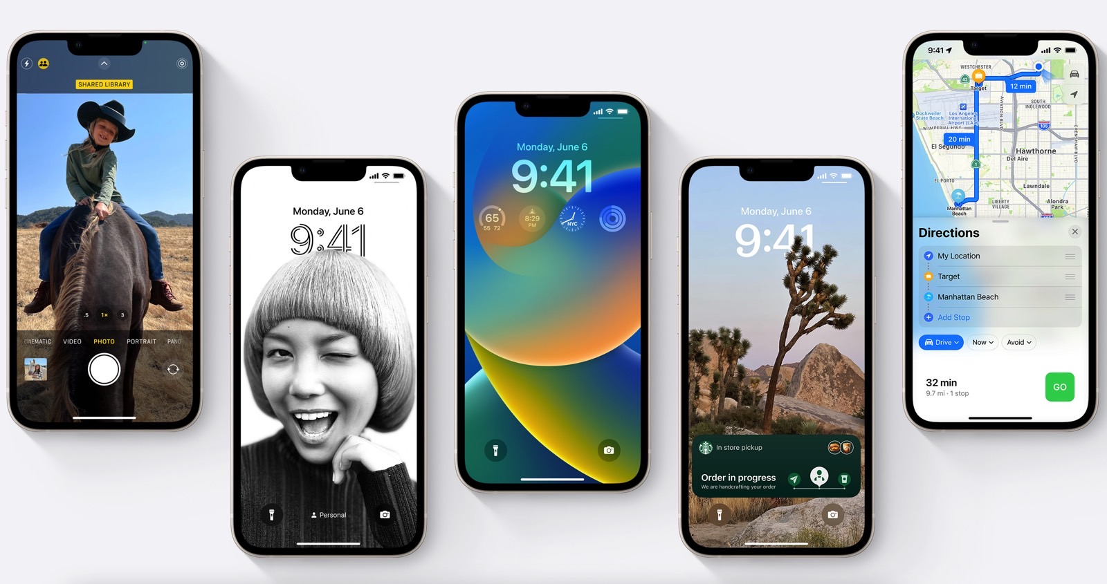 iPhones showing various iOS 16 features.