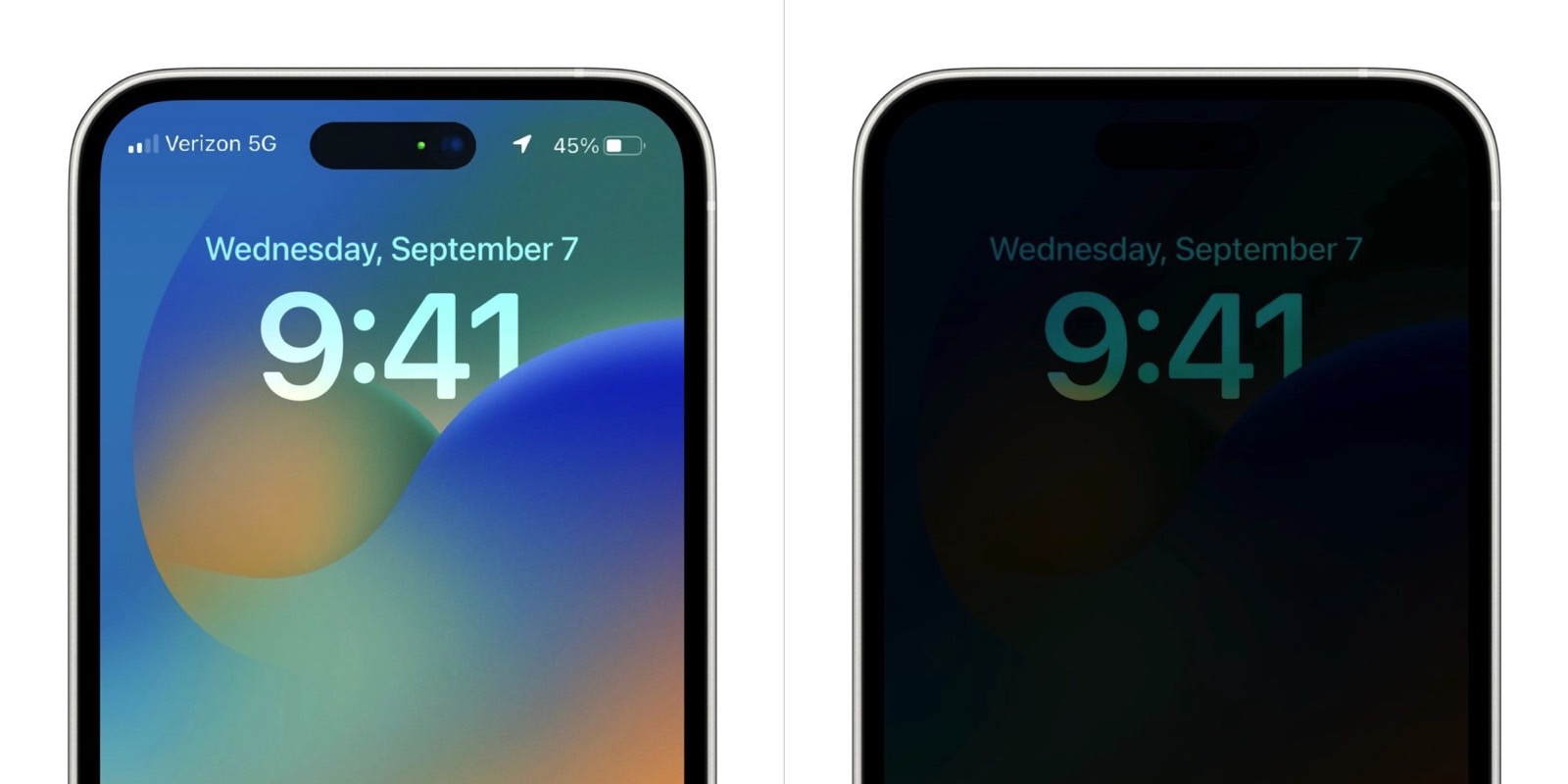 Concept image: iPhone 14 Pro with display turned on (left) vs. always-on display (right).