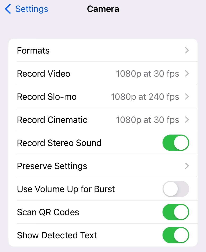 iPhone camera settings menu: Preserve Settings and Use Volume Up for .