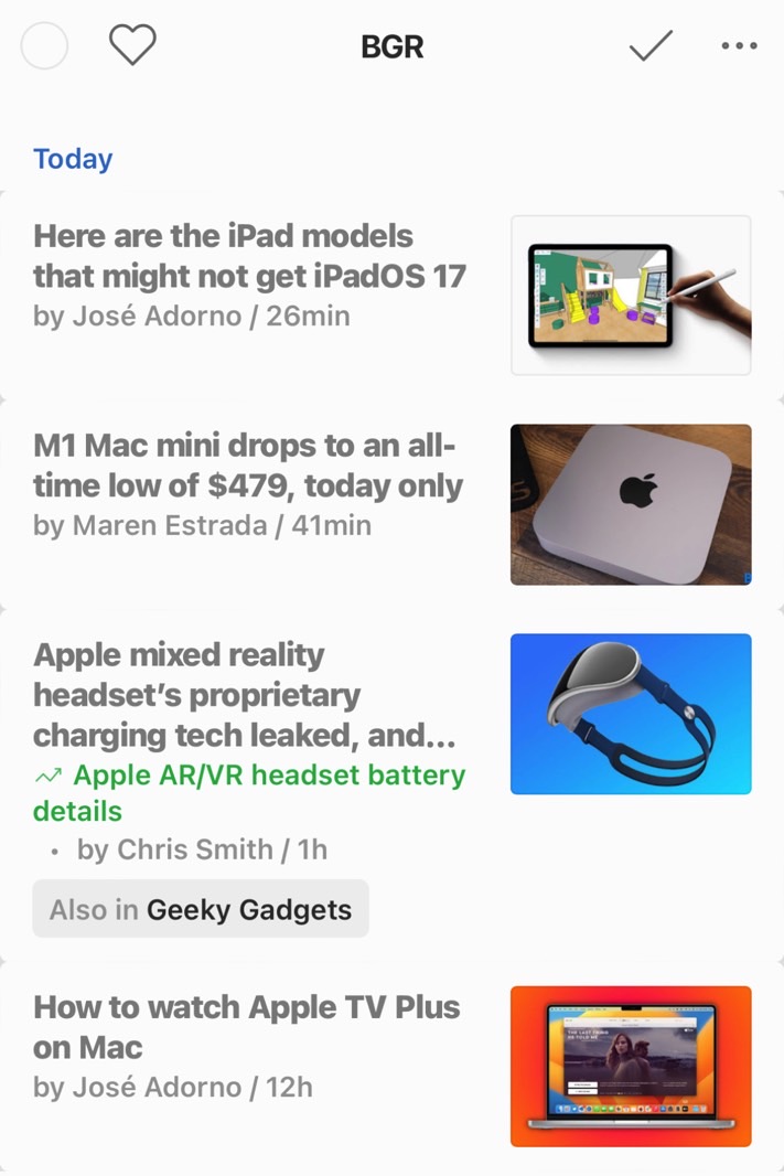 Feedly with per-app settings: Bold, larger text, and increased contrast.