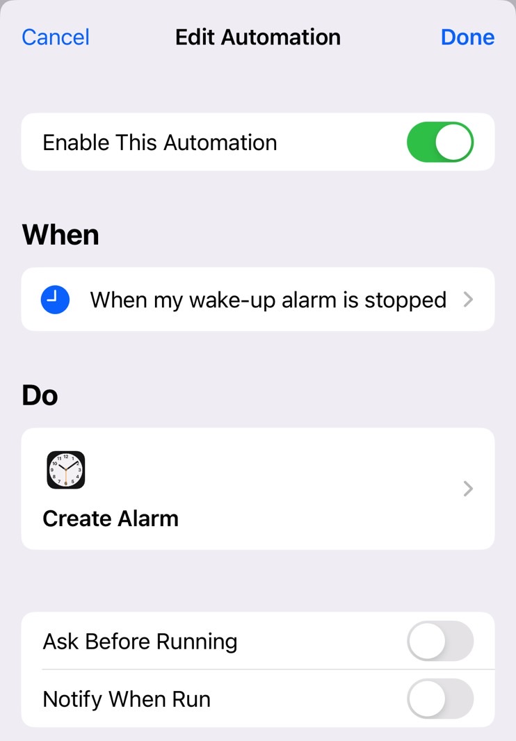 The iPhone alarm automation creates a new alarm when you stop your wake-up alarm.