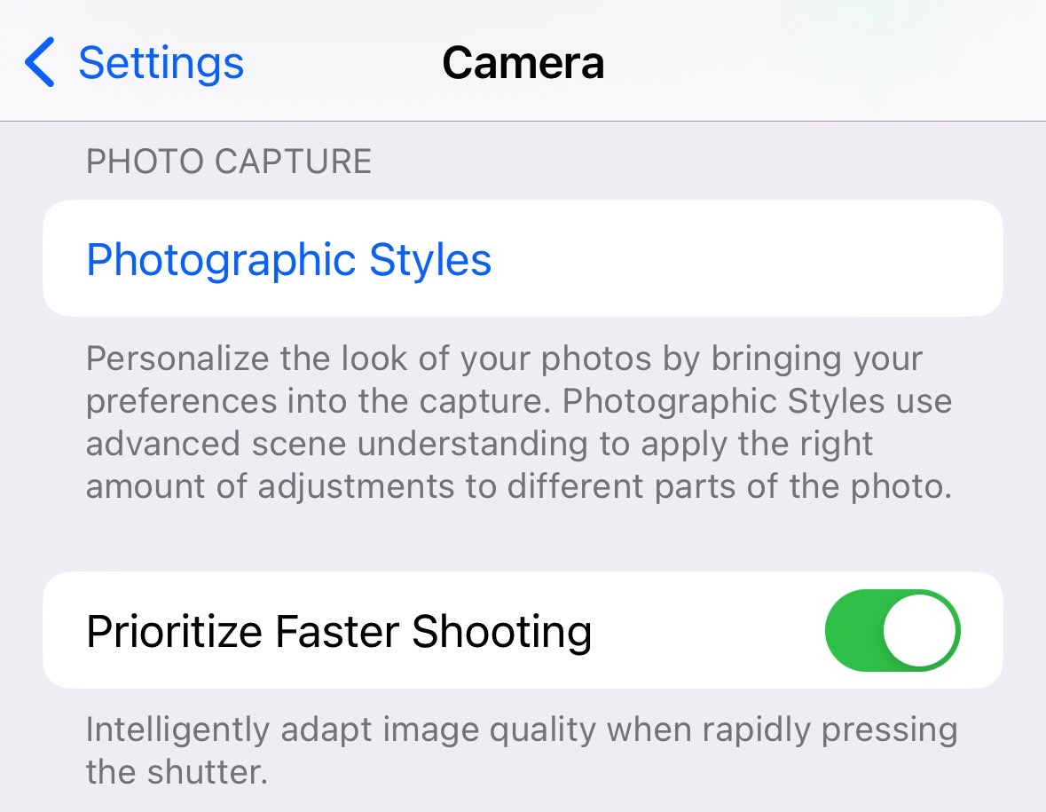 The iPhone's Prioritize Faster Shooting camera setting.