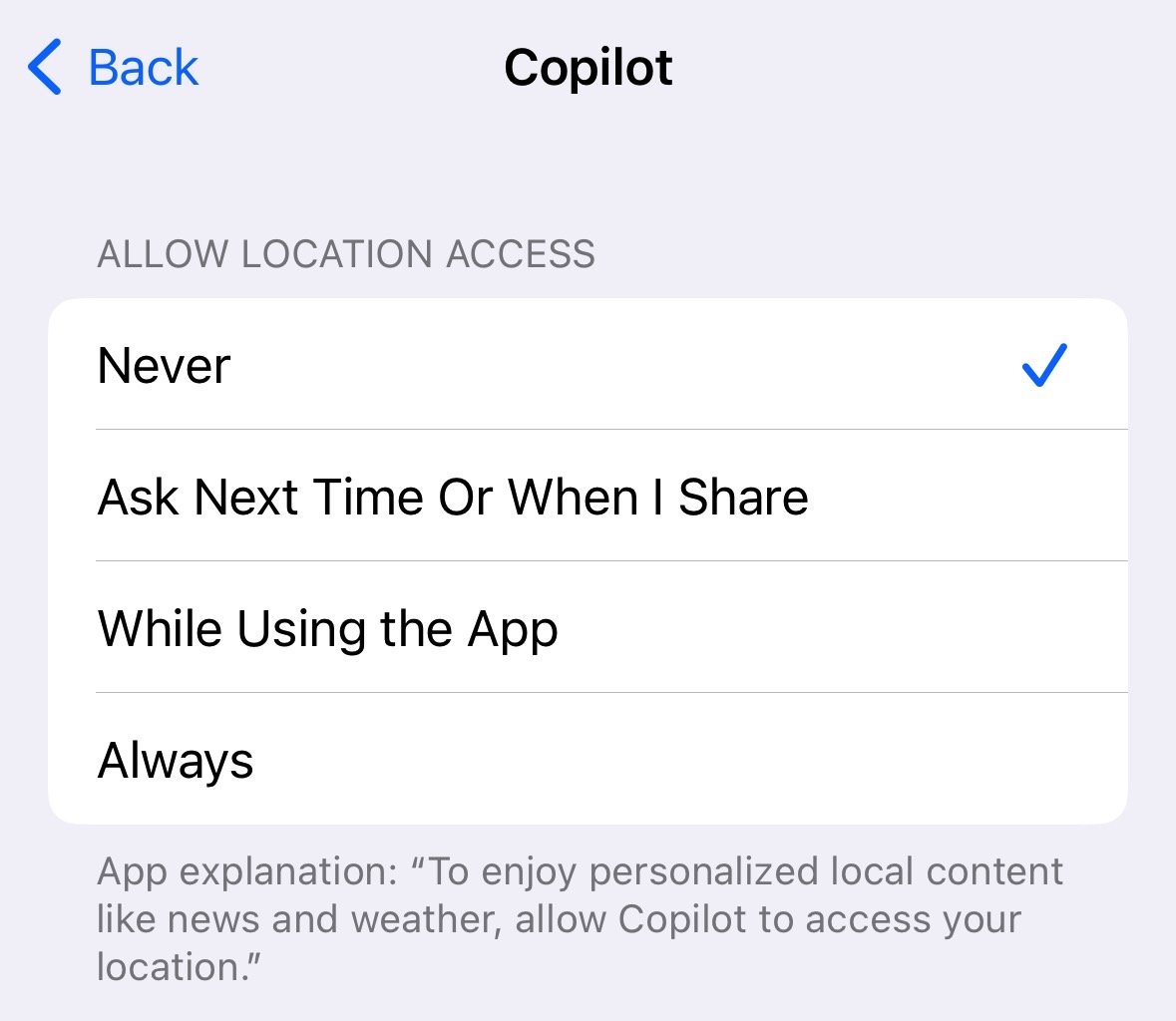 I won't share location data with Microsoft Copilot.