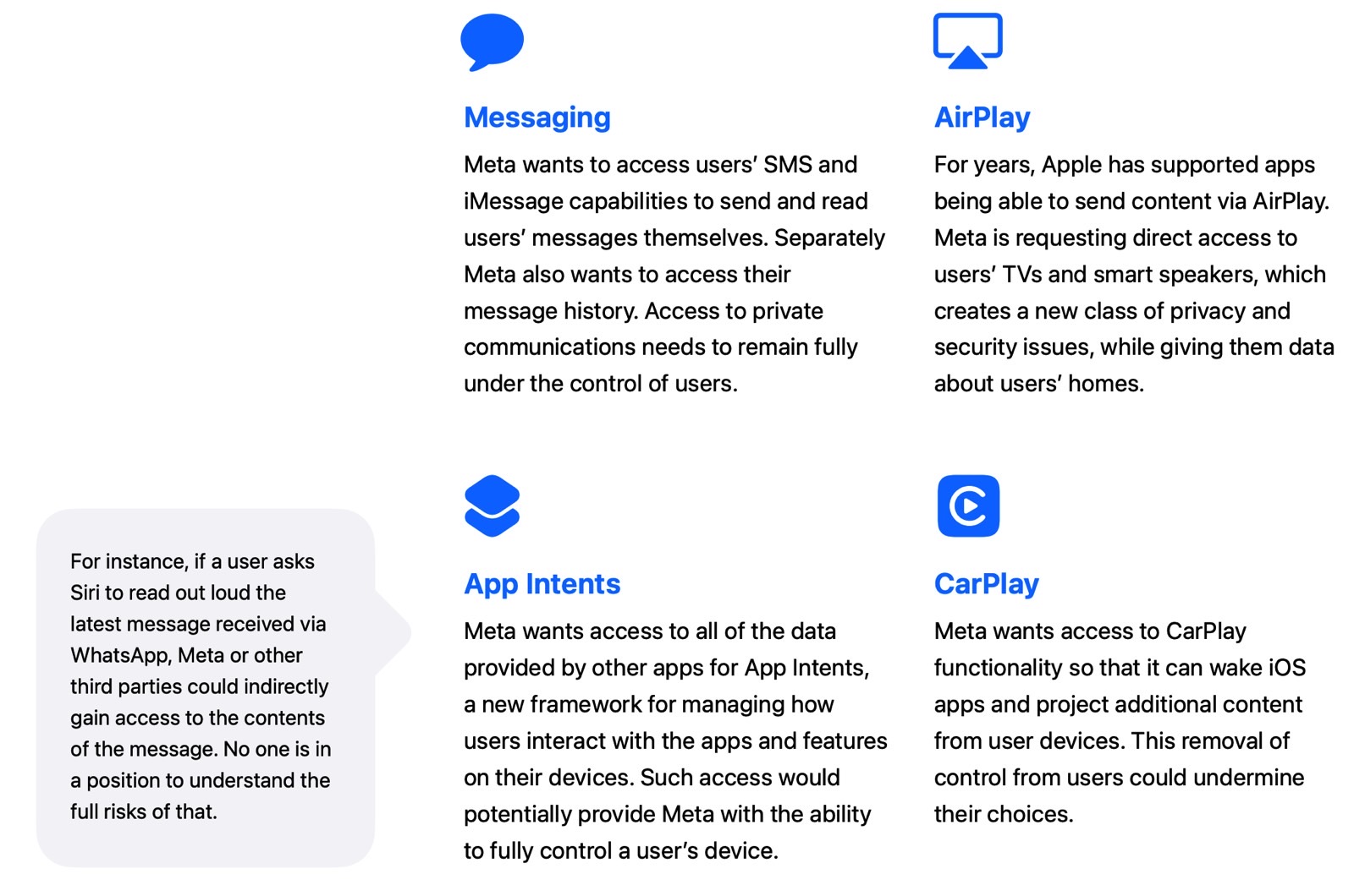 Apple's examples of how Meta might impact the privacy of iPhone and iPad users.