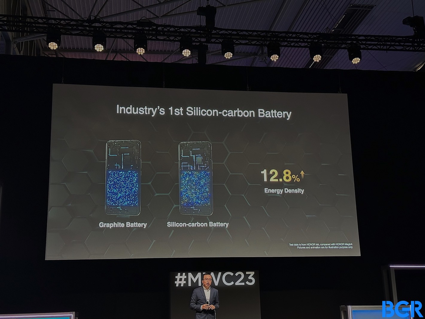 Honor advertises industry's first silicon-carbon battery tech during Magic 5 Pro launch event at MWC 2023.