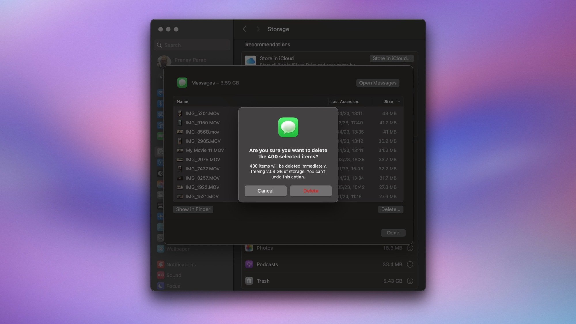 A confirmation prompt asking if the user wants to delete 400 attachments from the Messages app on a Mac.