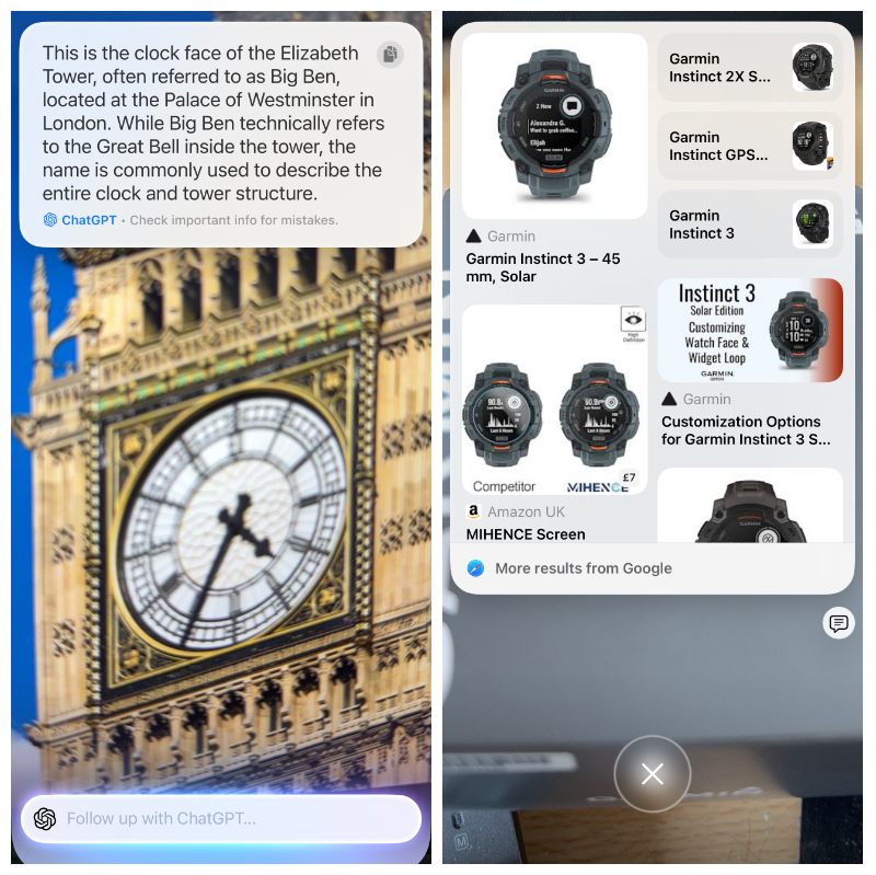2 screens. Left: A photo of Big Ben with a descriptive paragraph above it. Right: Search result showing a bunch of smartwatches.