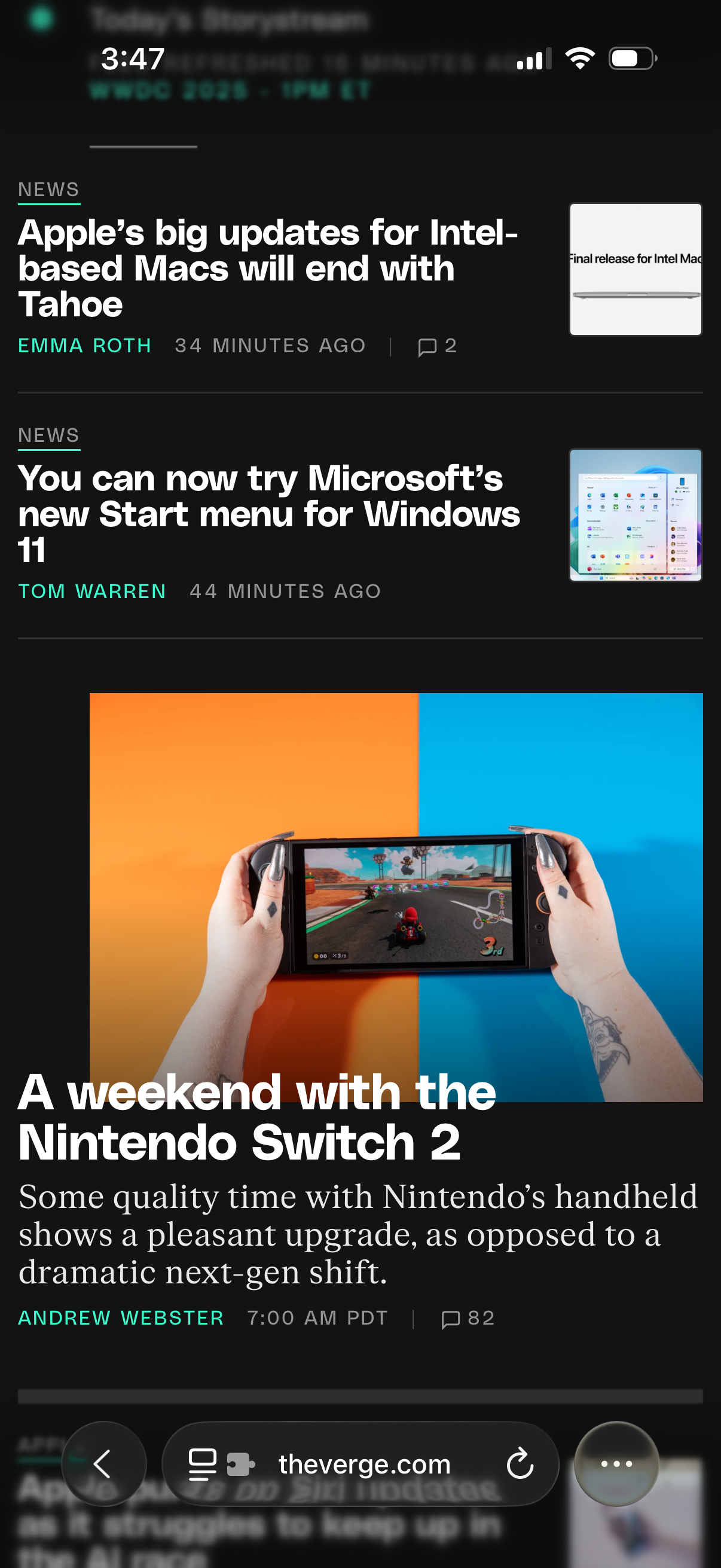 A screenshot of Safari in iOS 26, showing The Verge.