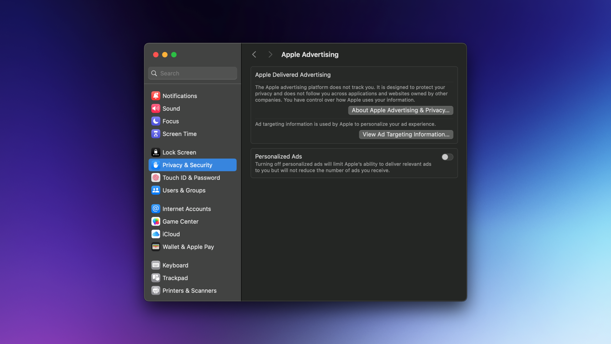 Disabling personalized ads from Apple on a Mac.