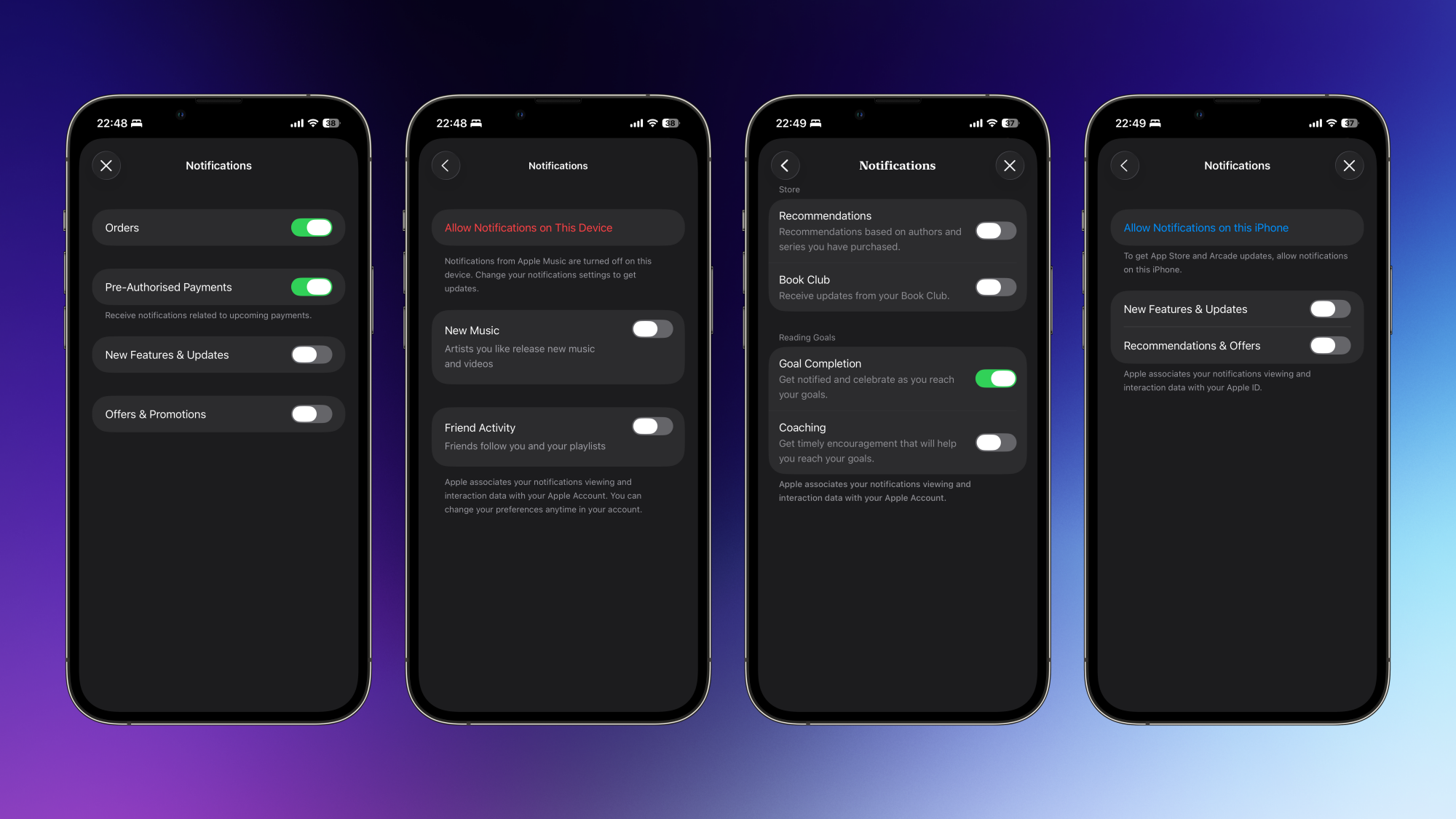 Disabling promotional notifications from Apple's apps on an iPhone.