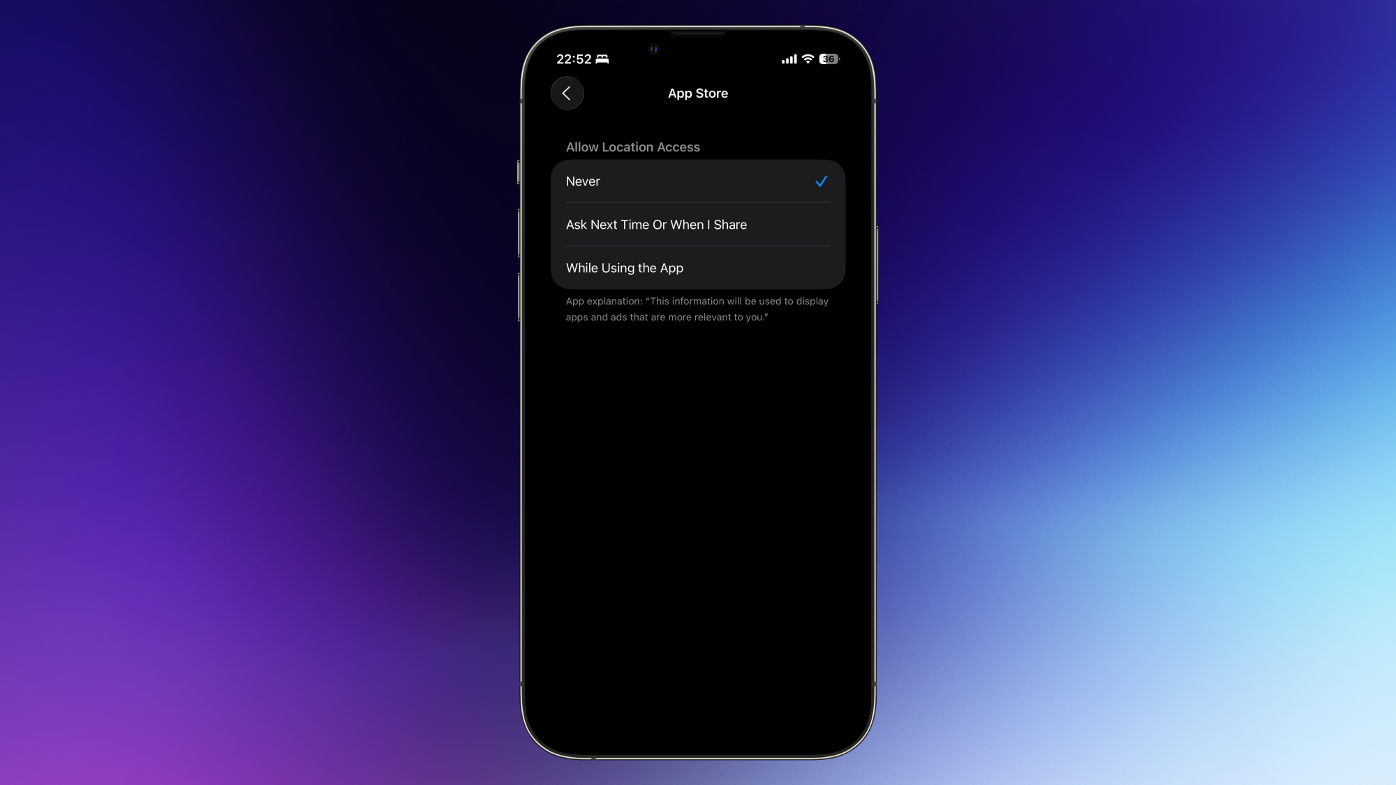 Disabling App Store's location access on an iPhone.
