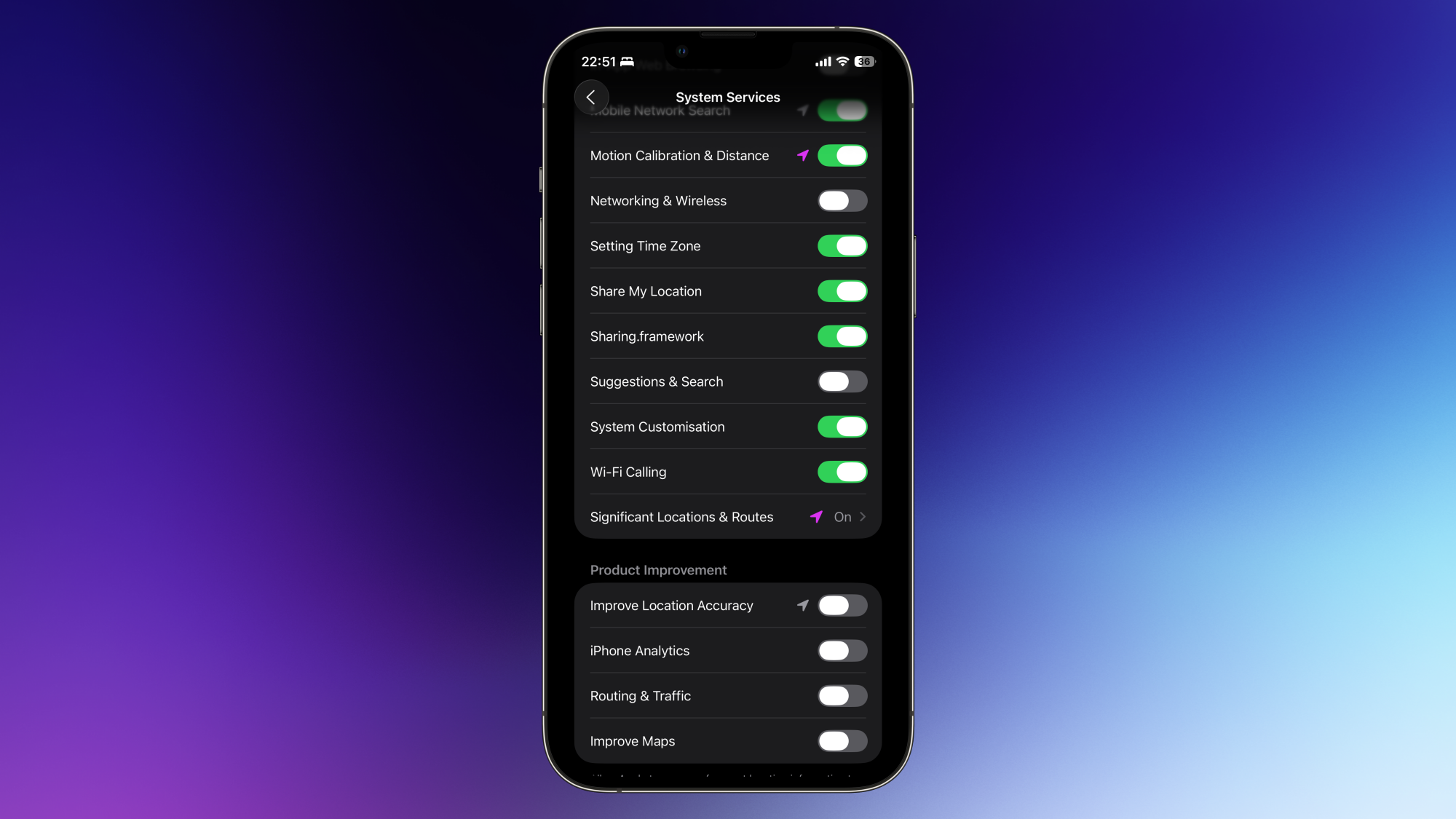 Disabling System Services' location access on an iPhone.