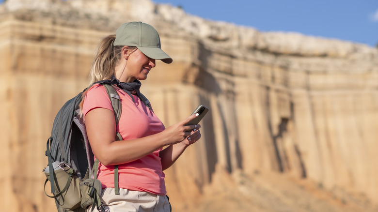 A person using a phone while standing next to the Red Canyon of Teruel, Spain.