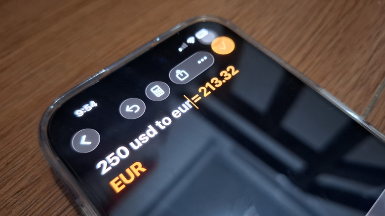 iPhone Calculator showing USD to EUR conversion